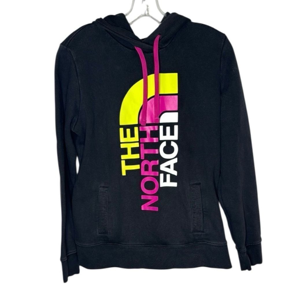 The North Face Black Hoodie with Pink and Yellow Logo. Size Medium.